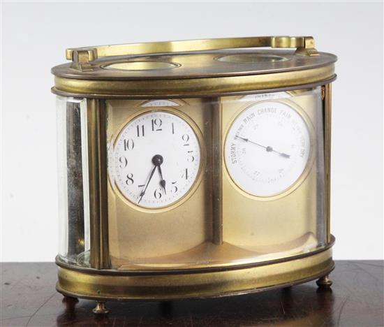 An early 20th century Duvernoy brass combined carriage timepiece and barometer, width 6in.